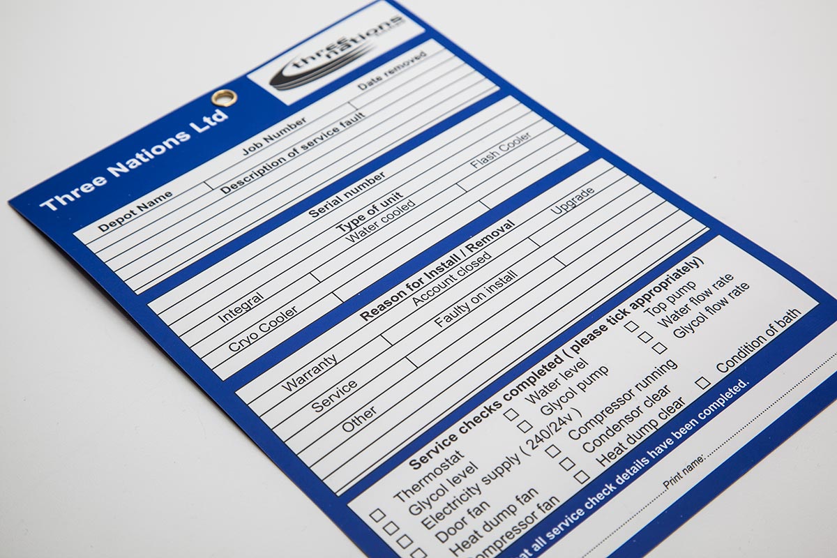blue and white custom tag with form to fill in information
